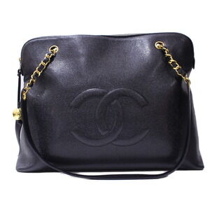 Chanel Chain Shoulder Bag Tote Caviar Leather Coco Logo Black Card